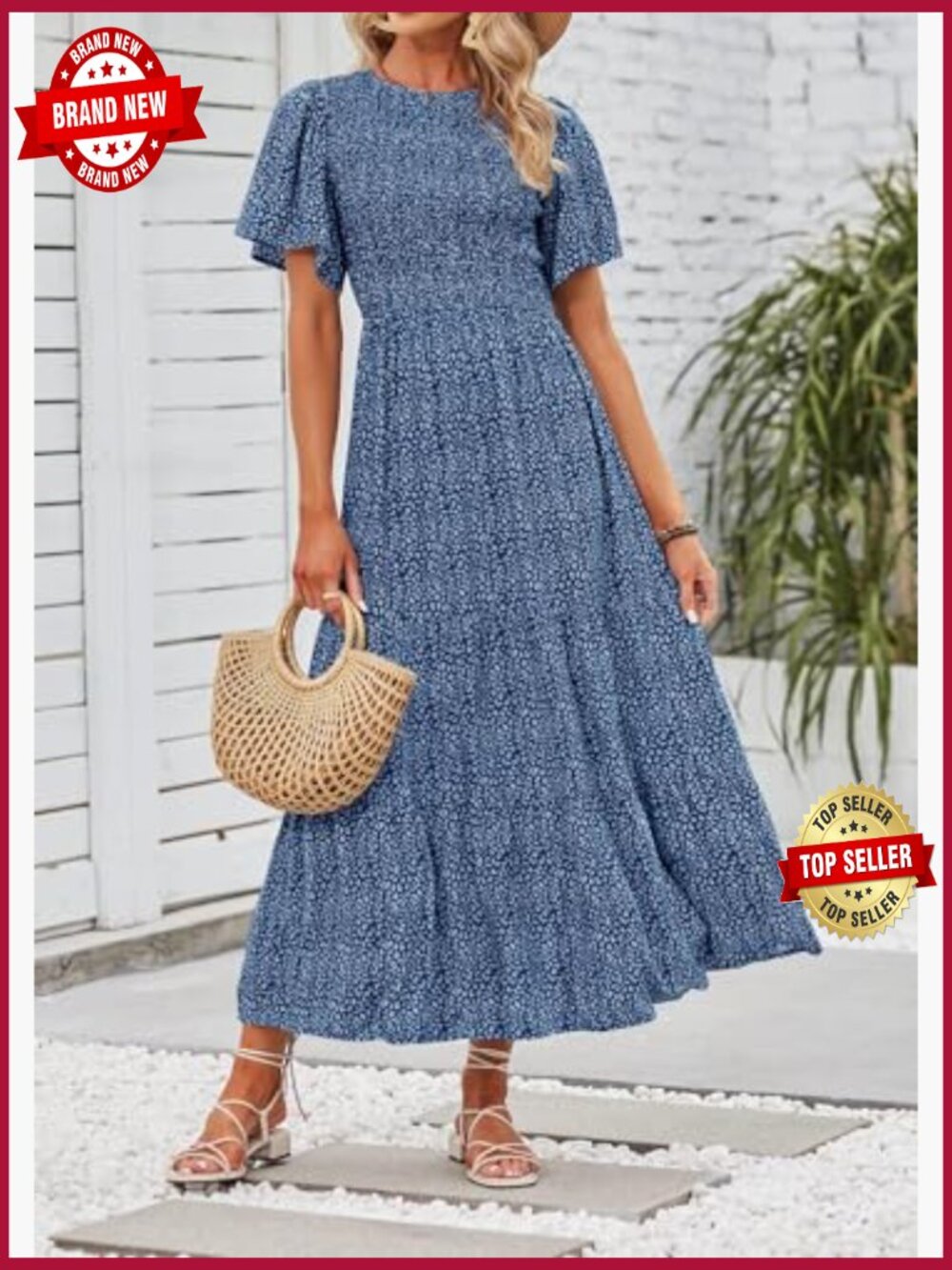 Boho Floral Maxi Dress Flutter Sleeve Smocked Tiered Flowy - Picture 4 of 7
